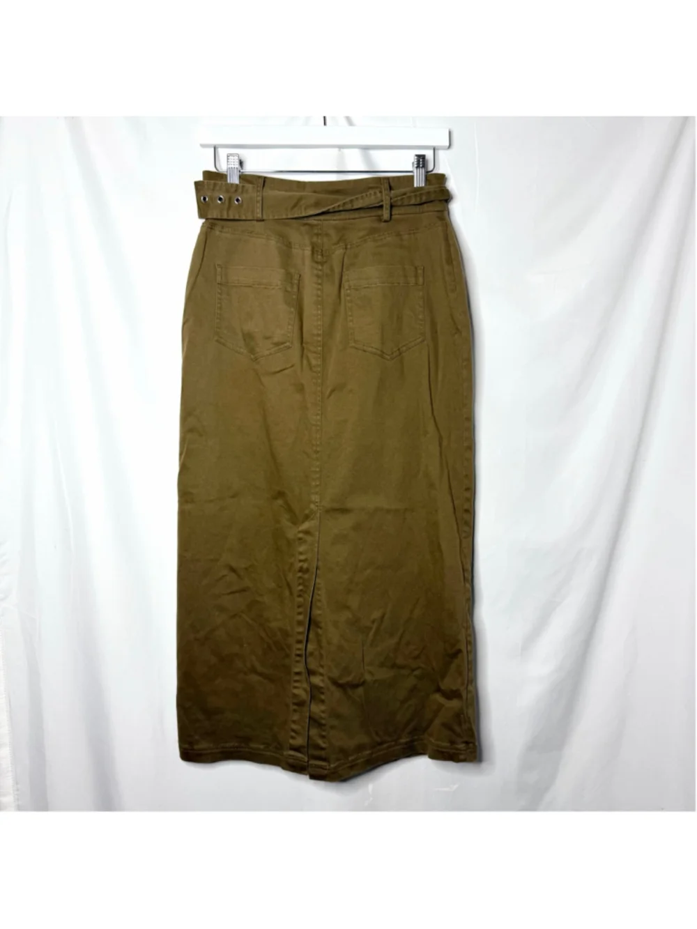 Women's Solid & Striped Midi Skirt Size S Olive Button Front Belted